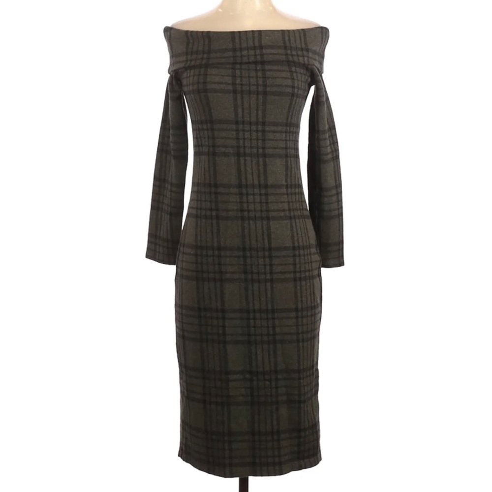 Plaid 3/4 Sleeve Off the Shoulder Dress